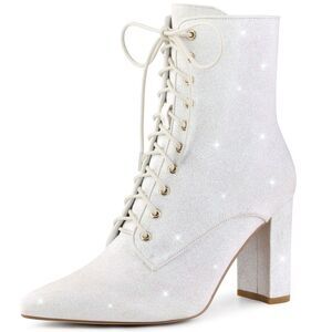Glitter Boot Lace up Pointed Toe Block Heel White Ankle Boots